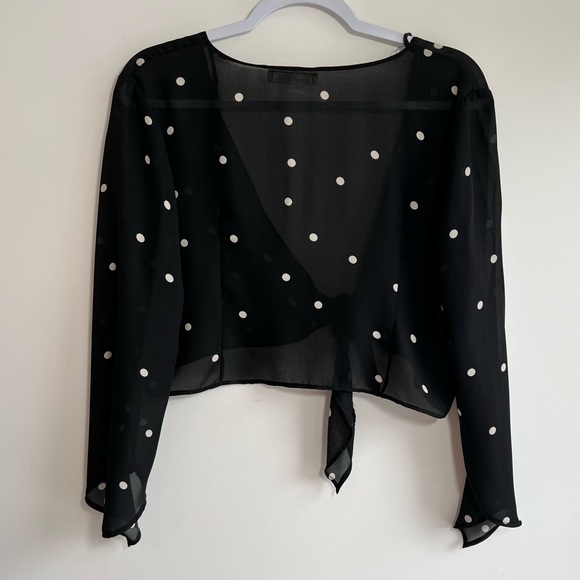 TRADITION | Sheer Black Polka Dot Cropped Tie-Front Blouse - Picture 3 of 5